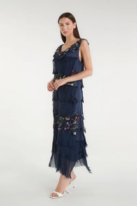 EMBROIDERED ALEENA SILK MAXI RUFFLE DRESS-ONE SIZE-TEES BY TINA