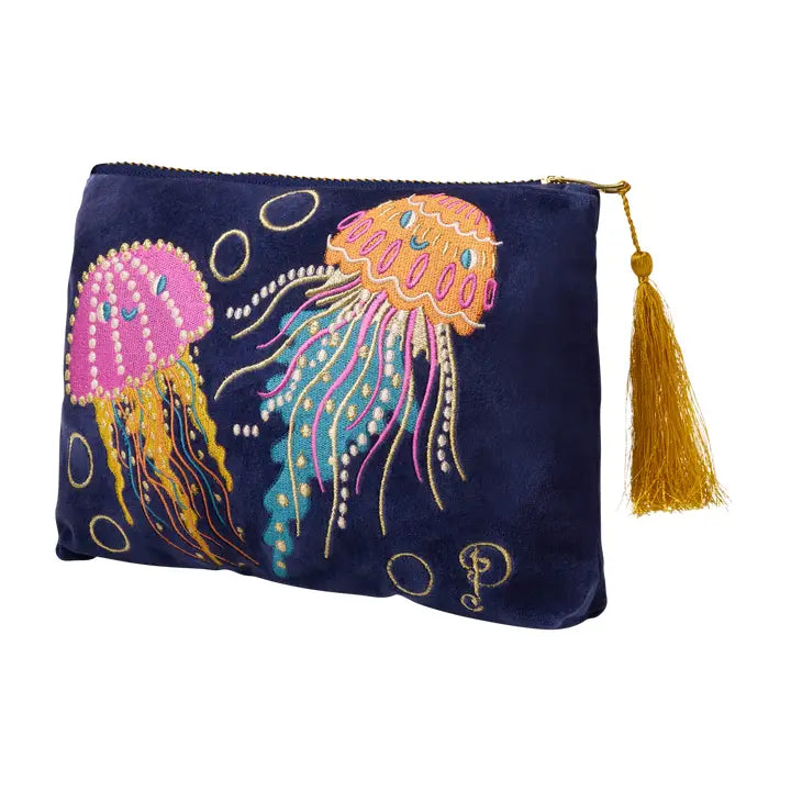 Navy velvet clutch bag with colorful embroidered jellyfish and a gold tassel