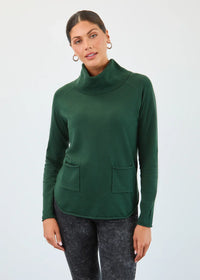 Evergreen mock neck pullover with front pockets shown on a model