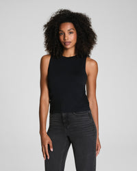 Front view of black fitted ruched tank top for women