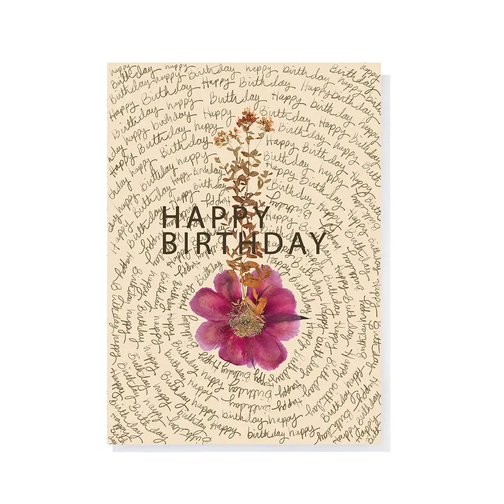 Happy Birthday card with purple flower and handwritten script background