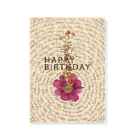 Happy Birthday card with purple flower and handwritten script background