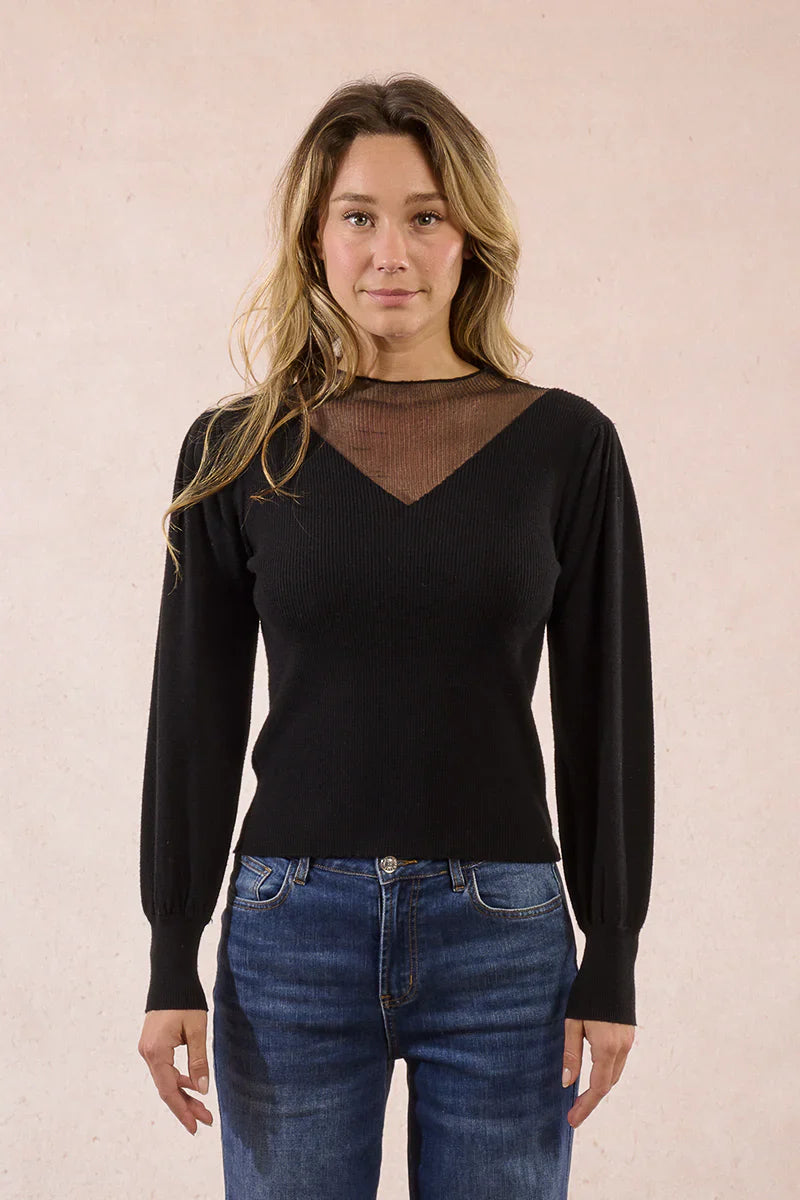 Front view of woman modeling black knit sweater with mesh panel at neckline