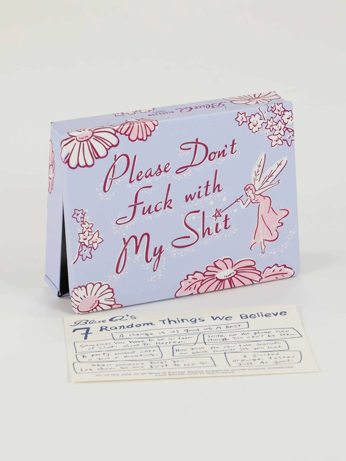 Lavender metal case with flowers and a fairy, featuring the text 'Please Don't Fuck with My Shit'