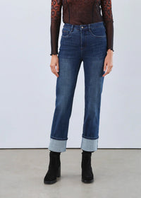 Front close-up of women's high-rise straight leg jeans with statement cuffs