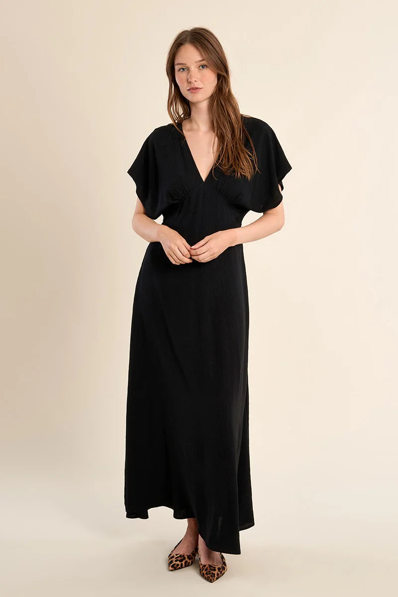 LONG V-NECK DRESS-BLACK-MOLLY BRACKEN