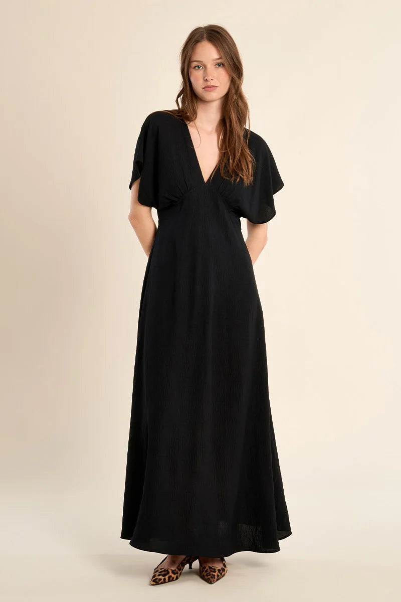 LONG V-NECK DRESS-BLACK-MOLLY BRACKEN