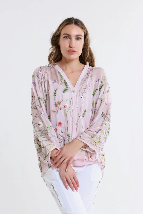 GARDEN VIOLA 3/4 SILK EMBROIDED BLOUSE-ONE SIZE-TEES BY TINA