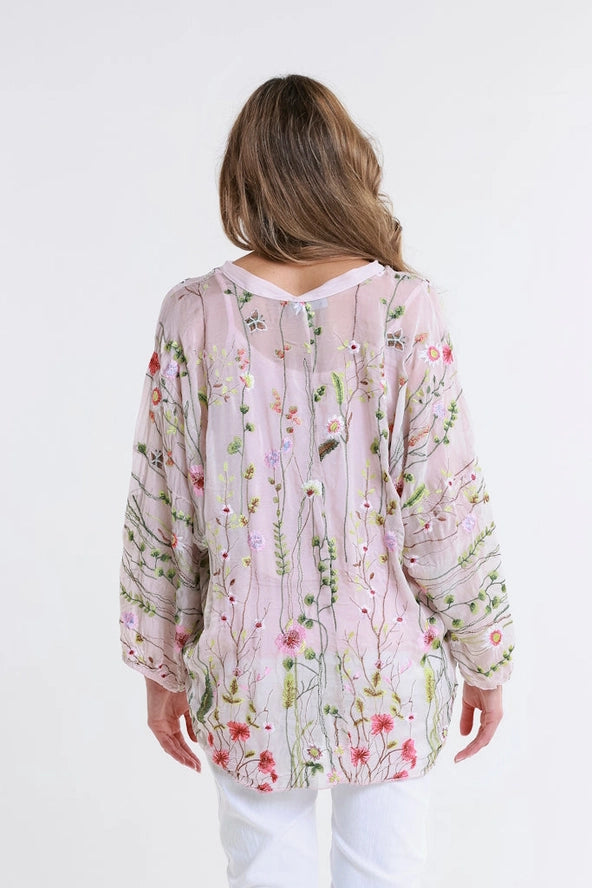 GARDEN VIOLA 3/4 SILK EMBROIDED BLOUSE-ONE SIZE-TEES BY TINA