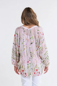 GARDEN VIOLA 3/4 SILK EMBROIDED BLOUSE-ONE SIZE-TEES BY TINA