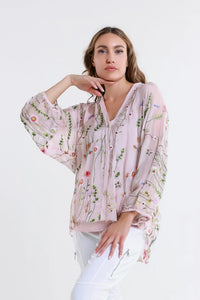 GARDEN VIOLA 3/4 SILK EMBROIDED BLOUSE-ONE SIZE-TEES BY TINA