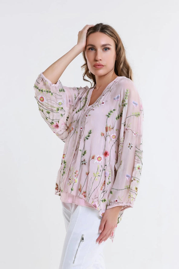 GARDEN VIOLA 3/4 SILK EMBROIDED BLOUSE-ONE SIZE-TEES BY TINA