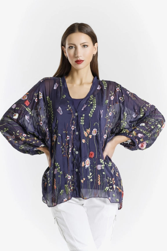 GARDEN VIOLA 3/4 SILK EMBROIDED BLOUSE-ONE SIZE-TEES BY TINA