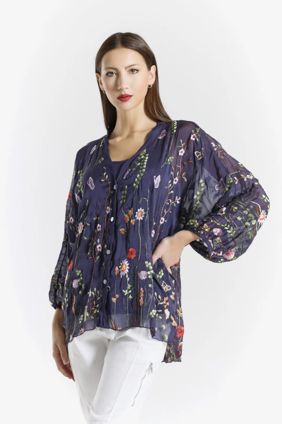 GARDEN VIOLA 3/4 SILK EMBROIDED BLOUSE-ONE SIZE-TEES BY TINA