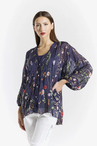 GARDEN VIOLA 3/4 SILK EMBROIDED BLOUSE-ONE SIZE-TEES BY TINA