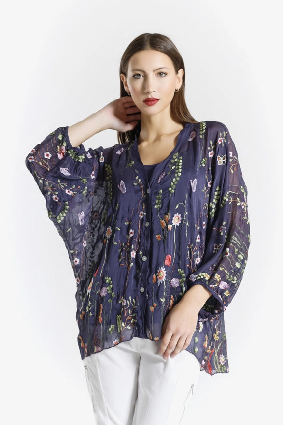 GARDEN VIOLA 3/4 SILK EMBROIDED BLOUSE-ONE SIZE-TEES BY TINA