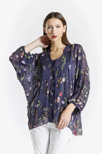 GARDEN VIOLA 3/4 SILK EMBROIDED BLOUSE-ONE SIZE-TEES BY TINA
