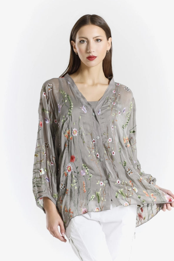 GARDEN VIOLA 3/4 SILK EMBROIDED BLOUSE-ONE SIZE-TEES BY TINA
