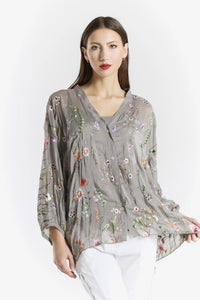 GARDEN VIOLA 3/4 SILK EMBROIDED BLOUSE-ONE SIZE-TEES BY TINA