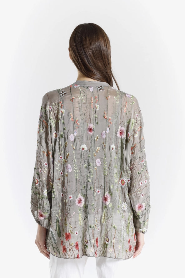 GARDEN VIOLA 3/4 SILK EMBROIDED BLOUSE-ONE SIZE-TEES BY TINA