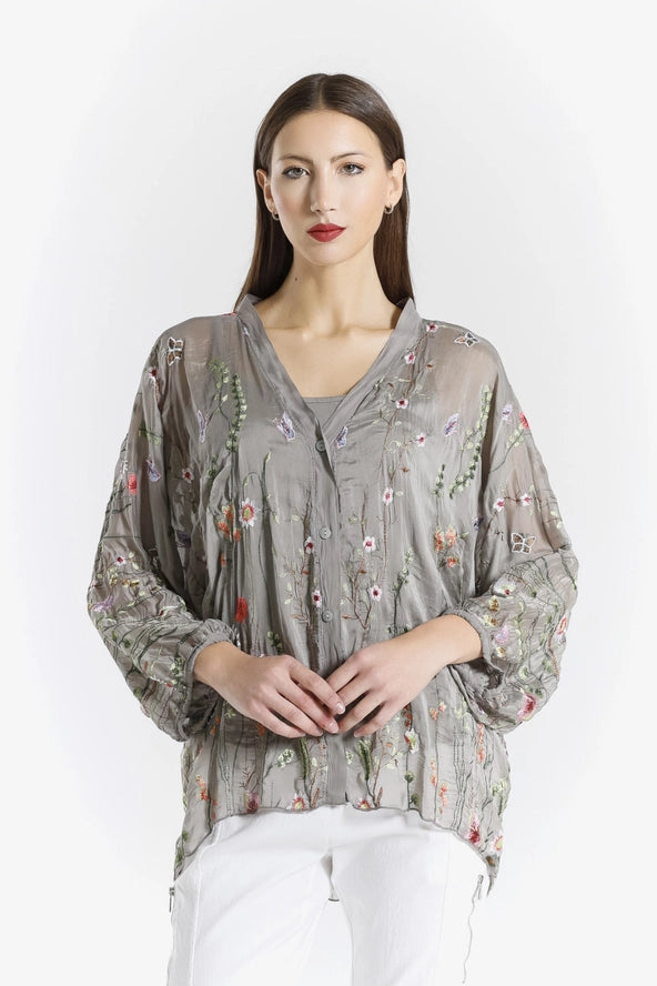 GARDEN VIOLA 3/4 SILK EMBROIDED BLOUSE-ONE SIZE-TEES BY TINA