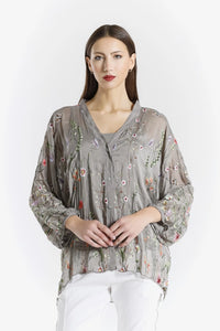 GARDEN VIOLA 3/4 SILK EMBROIDED BLOUSE-ONE SIZE-TEES BY TINA