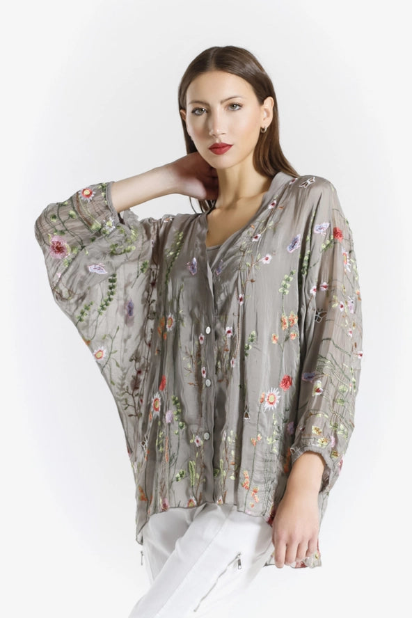 GARDEN VIOLA 3/4 SILK EMBROIDED BLOUSE-ONE SIZE-TEES BY TINA