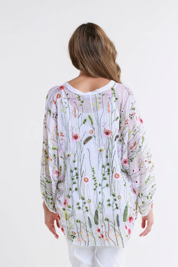 GARDEN VIOLA 3/4 SILK EMBROIDED BLOUSE-ONE SIZE-TEES BY TINA