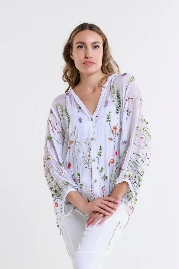 GARDEN VIOLA 3/4 SILK EMBROIDED BLOUSE-ONE SIZE-TEES BY TINA