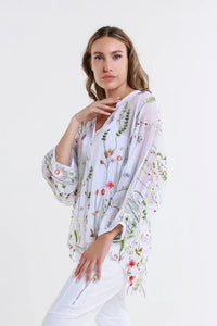 GARDEN VIOLA 3/4 SILK EMBROIDED BLOUSE-ONE SIZE-TEES BY TINA