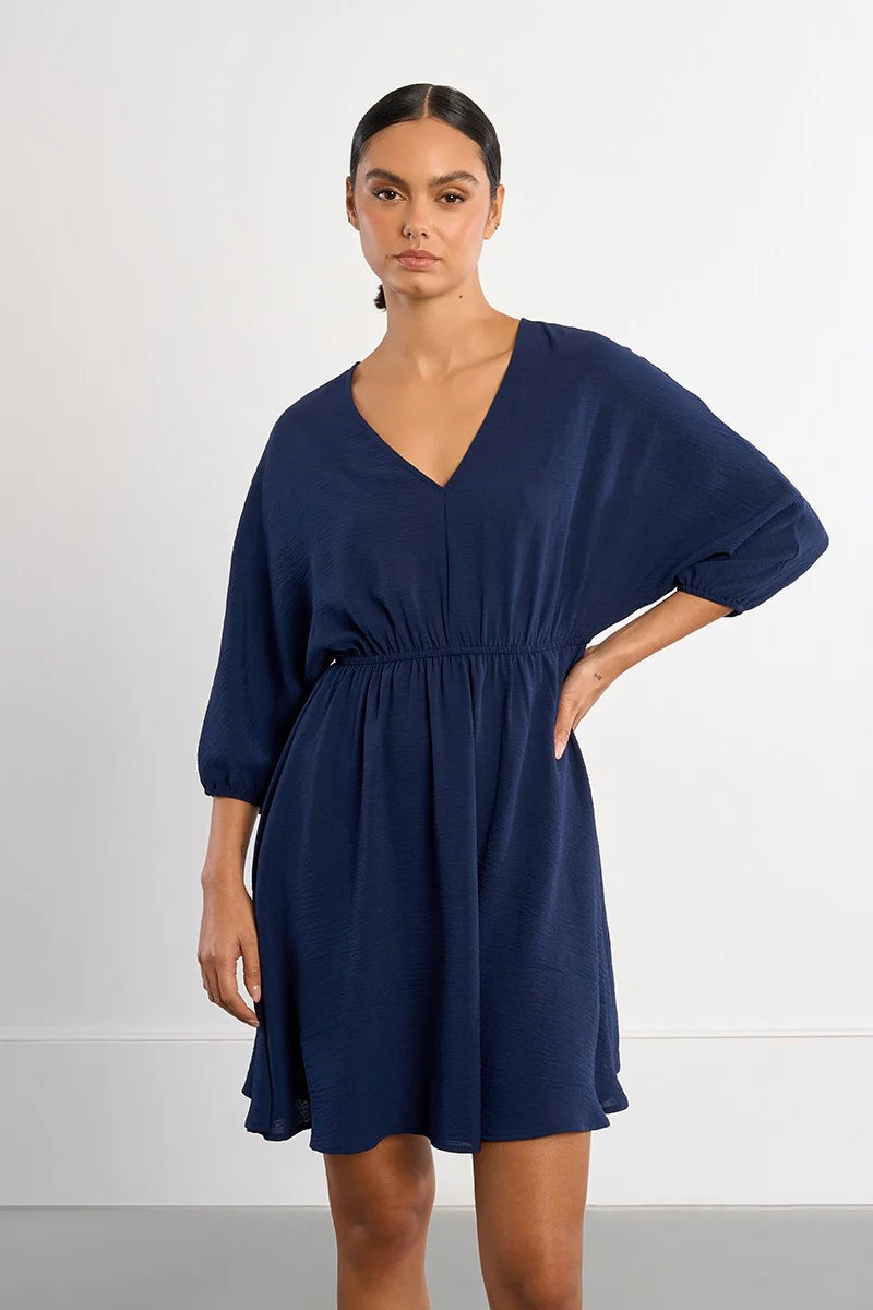 3/4 SLEEVE WOVEN DRESS-NAVY-MOLLY BRACKEN
