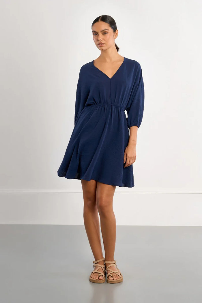 3/4 SLEEVE WOVEN DRESS-NAVY-MOLLY BRACKEN
