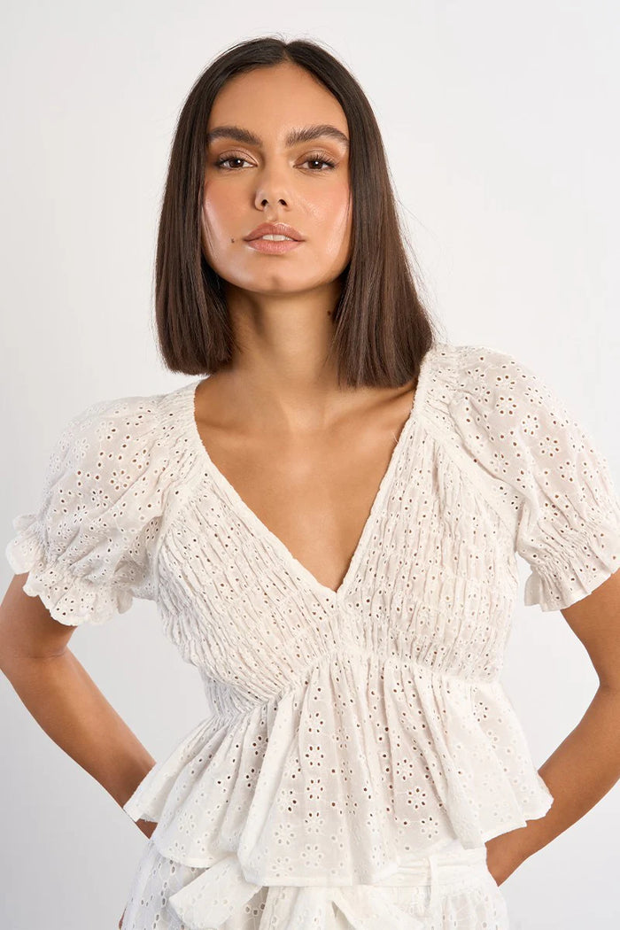 EYELET V-NECK PUFF BLOUSE-WHITE-MOLLY BRACKEN