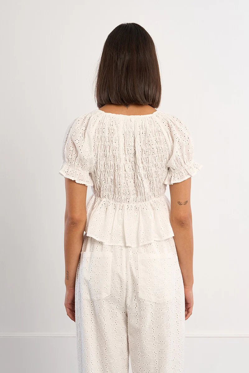 EYELET V-NECK PUFF BLOUSE-WHITE-MOLLY BRACKEN