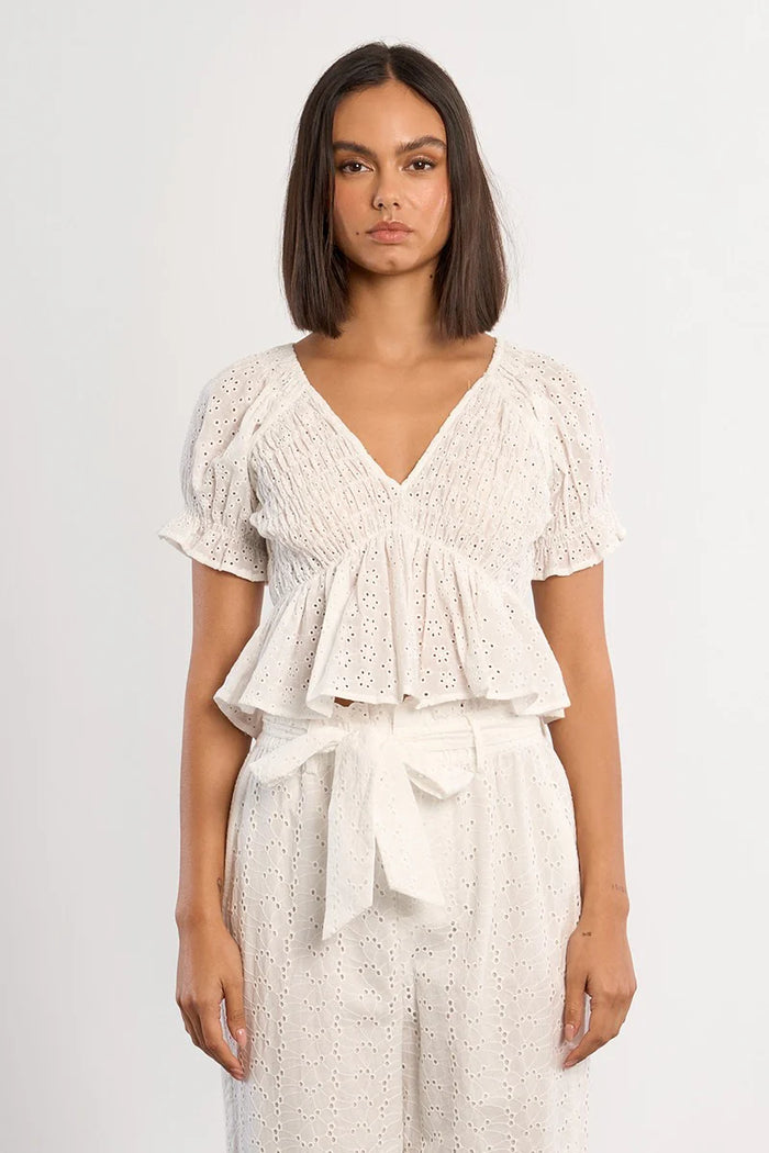 EYELET V-NECK PUFF BLOUSE-WHITE-MOLLY BRACKEN