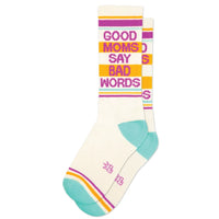 Pair of cream gym socks with 'Good Moms Say Bad Words' in bold colorful letters