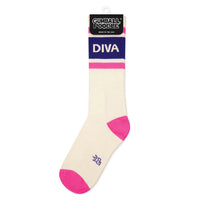 Single packaged DIVA gym sock by Gumball Poodle with pink accents and bold lettering