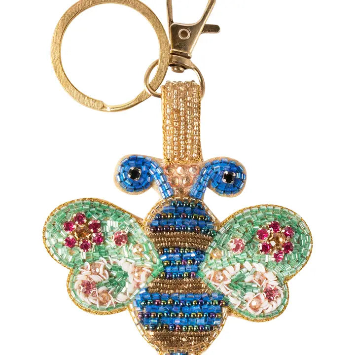 Handmade beaded bumble bee keychain with vibrant colors and intricate detailing