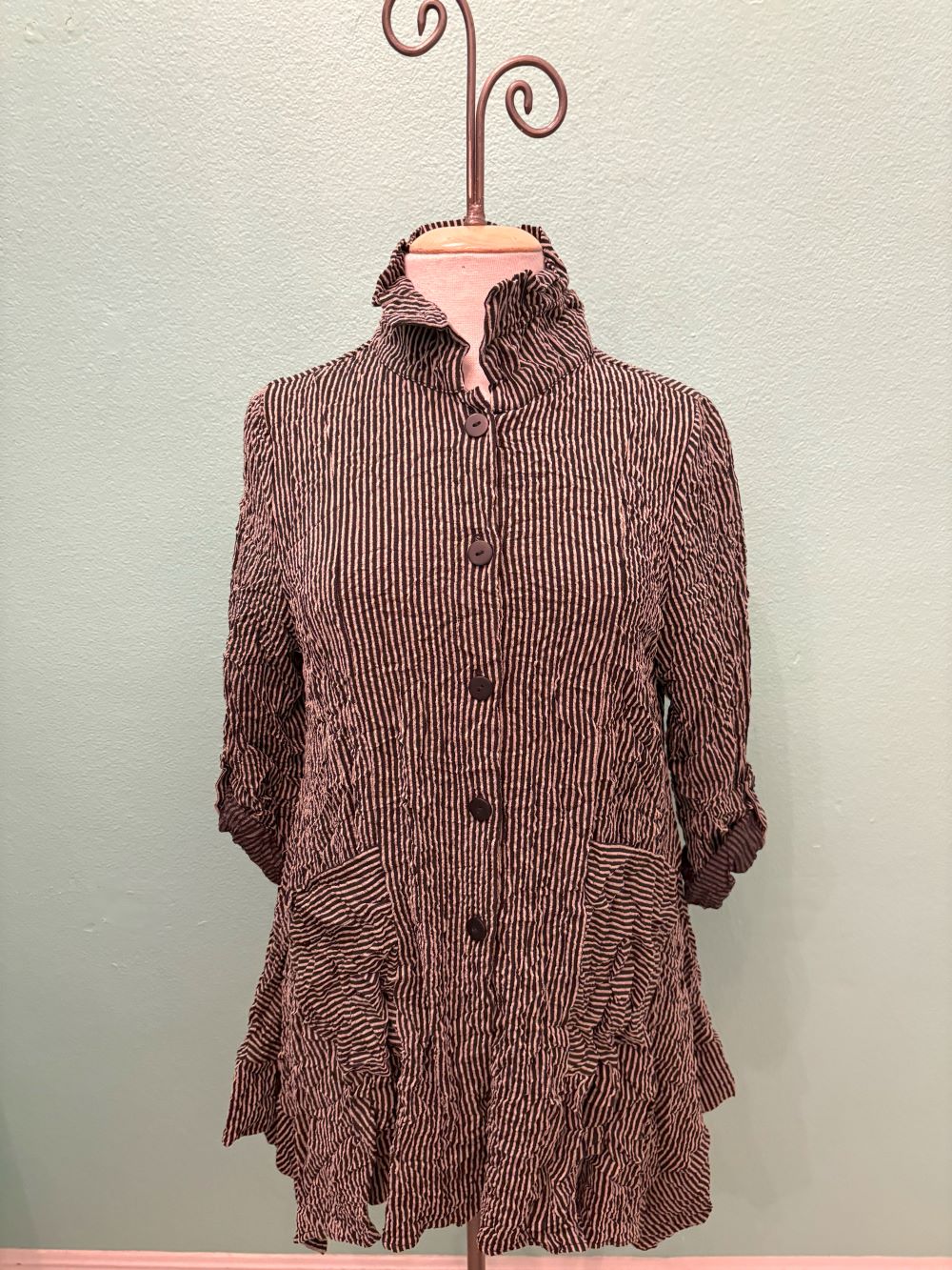 STRIPE BUTTON JACKET WITH ROLL TAB SLEEVE-MOONLIGHT