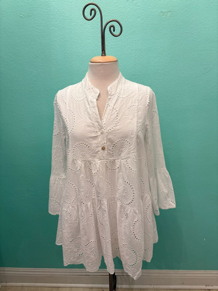 EYELET TIER 3/4 SLEEVE BLOUSE-WHITE-M MADE IN ITALY