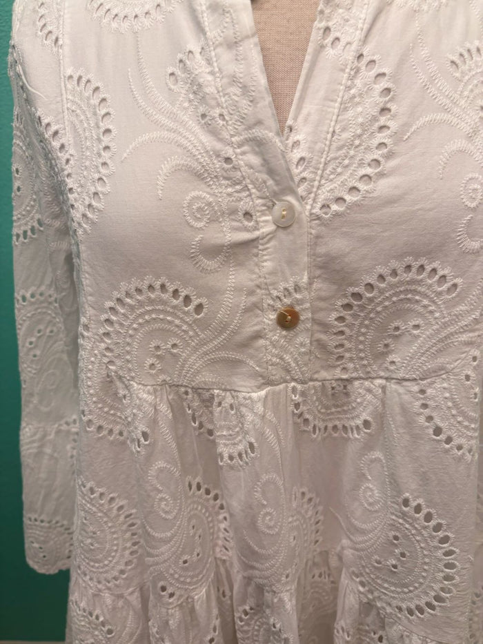 EYELET TIER 3/4 SLEEVE BLOUSE-WHITE-M MADE IN ITALY