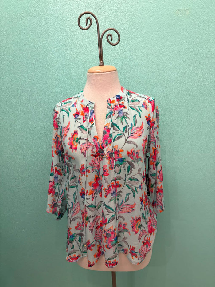RED/TURQUOISE FLORAL V-NECK W/ TASSEL BLOUSE-APNY