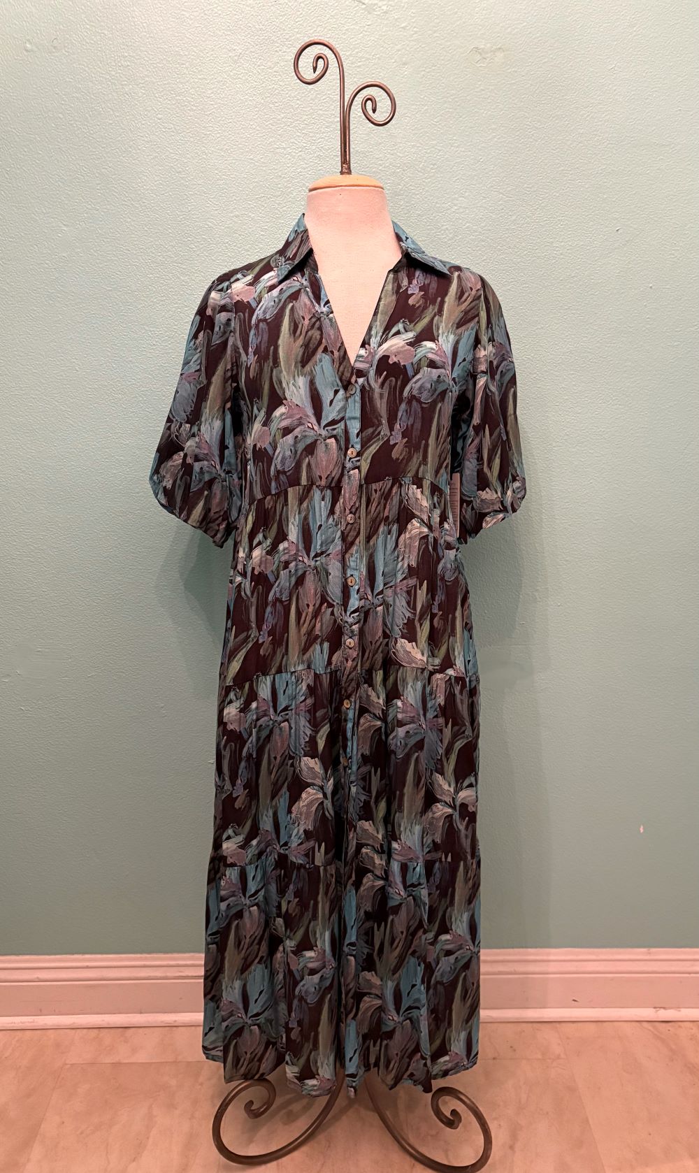 TEAL LEAF PRINT LONG TIER DRESS-APNY