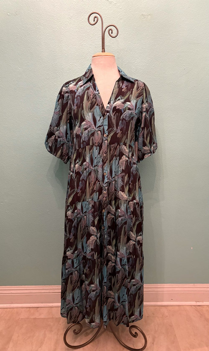 TEAL LEAF PRINT LONG TIER DRESS-APNY