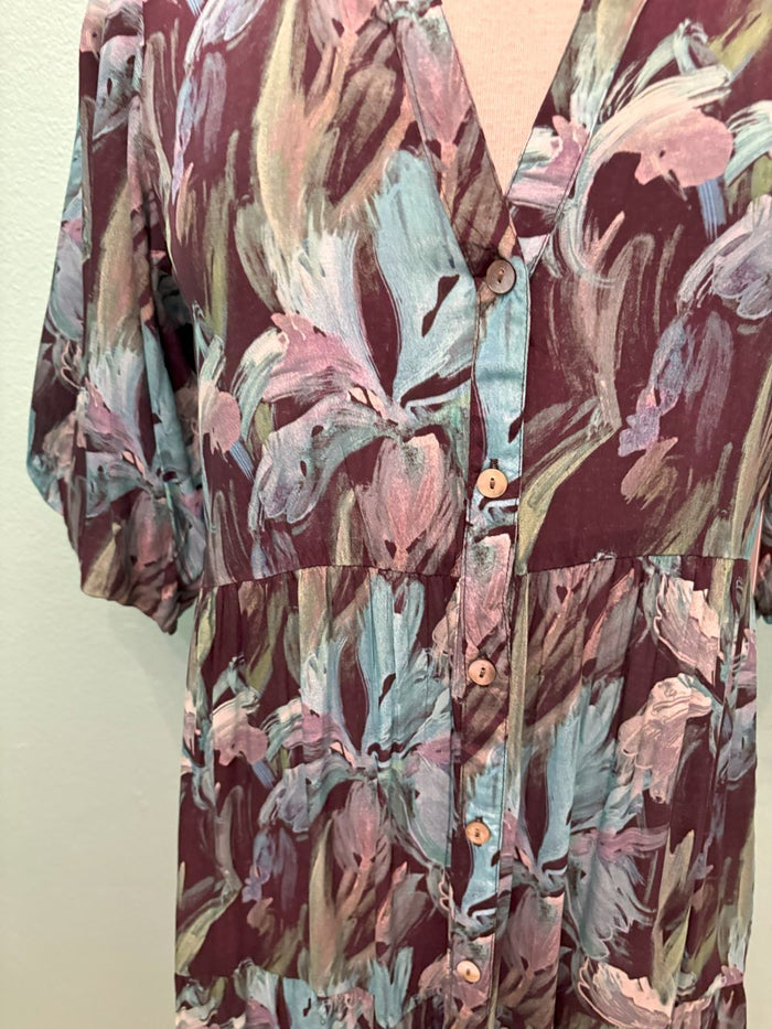 TEAL LEAF PRINT LONG TIER DRESS-APNY