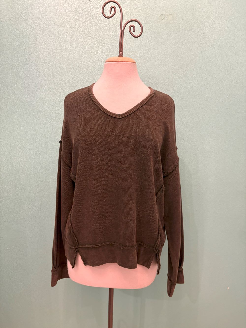 V-NECK CREW SWEATSHIRT-MINERAL OLIVE-COTTON LANI