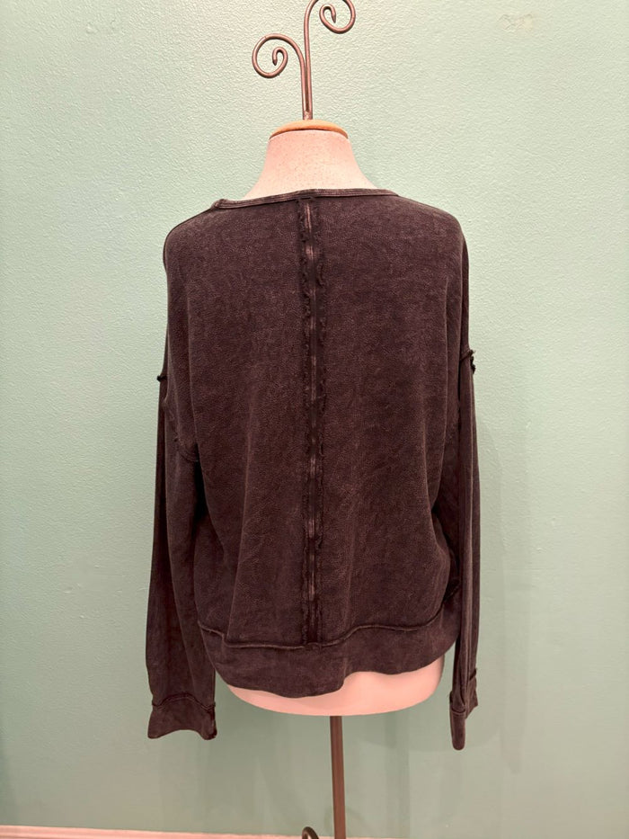 V-NECK CREW SWEATSHIRT-MINERAL BLACK-COTTON LANI