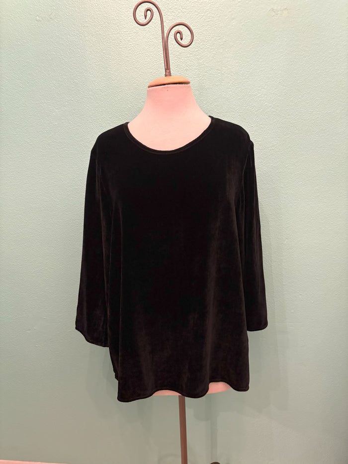 VELVET 3/4 SLEEVE A-LINE TOP-BLACK-CUT LOOSE