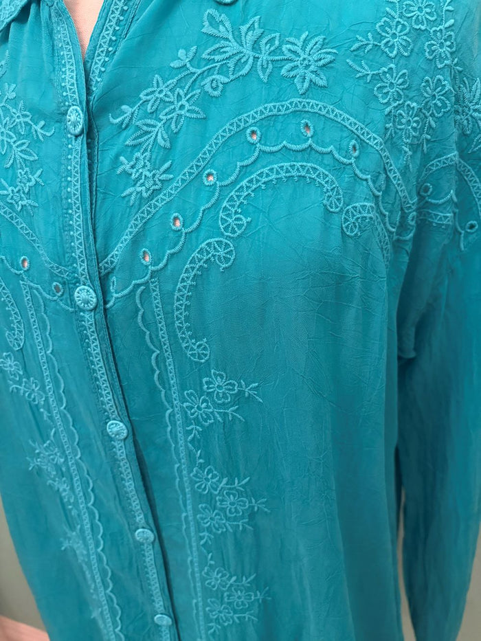 WESTERN AUDREY COLLARED SHIRT-TILE BLUE-JOHNNY WAS