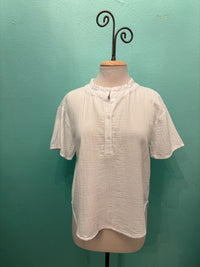 S/S GAUZE RUFFLE NECK HENLEY TOP-WHITE-MODODOC